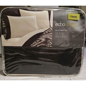 Echodesign  TWIN Size 100 %‎ Cotton Sateen Sheet Set,300tc Ovation Ivory / Black
